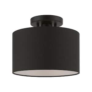 Bainbridge 10 in. 1-Light Black Semi-Flush Mount with Black Fabric Shade with White Inside