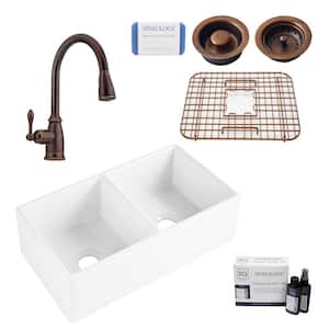 Brooks II All-in-One Farmhouse/Apron Fireclay 33 in. 50/50 Double Bowl Kitchen Sink with Pfister Faucet and Drains