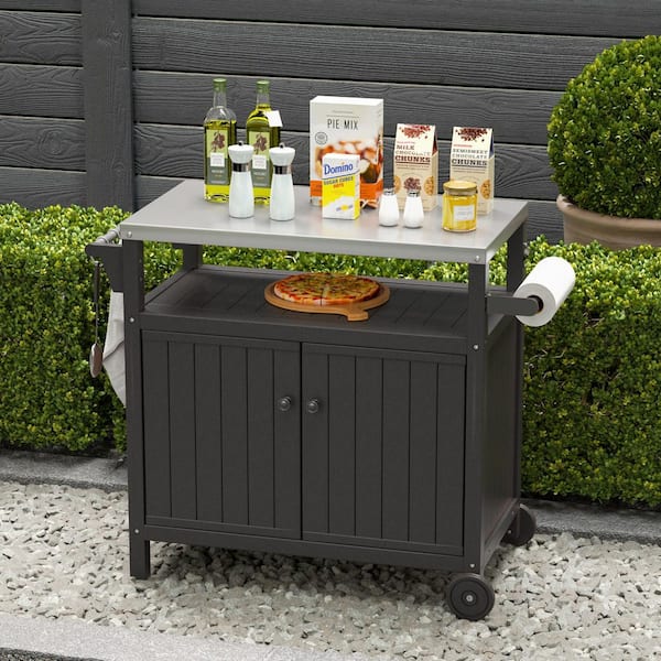 Cesicia 42 in. Black Outdoor Grilling Cart with Stainless Steel Countertop and Storage Cabinet