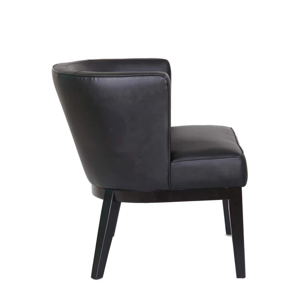 Elegant Barrel Black Leather Accent Chair with Wooden Legs