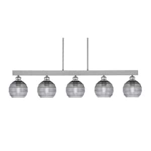 Albany 60-Watt 5-Light Brushed Nickel Linear Pendant Light with Smoke Ribbed Glass Shades and No Bulbs Included