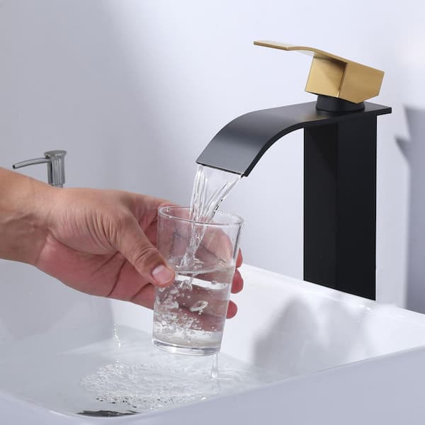 Stainless Steel Single Handle Waterfall Single Hole Bathroom Faucet with Drain Kit and Supply Lines in Black and Gold