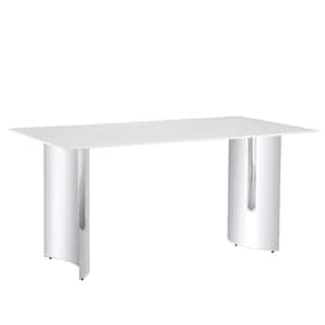 White/Sliver Imitation Marble Glass Sticker Top 63 in. Double Pedestal Dining Table Seats for 6