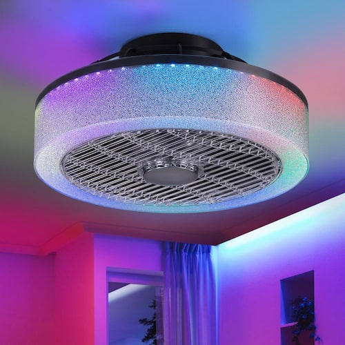 16 in. Modern Indoor Smoky Gray Caged Flush Mount Ceiling Fan with RGB LED Light Low Profile Ceiling Fan with App Remote Ceiling Fans