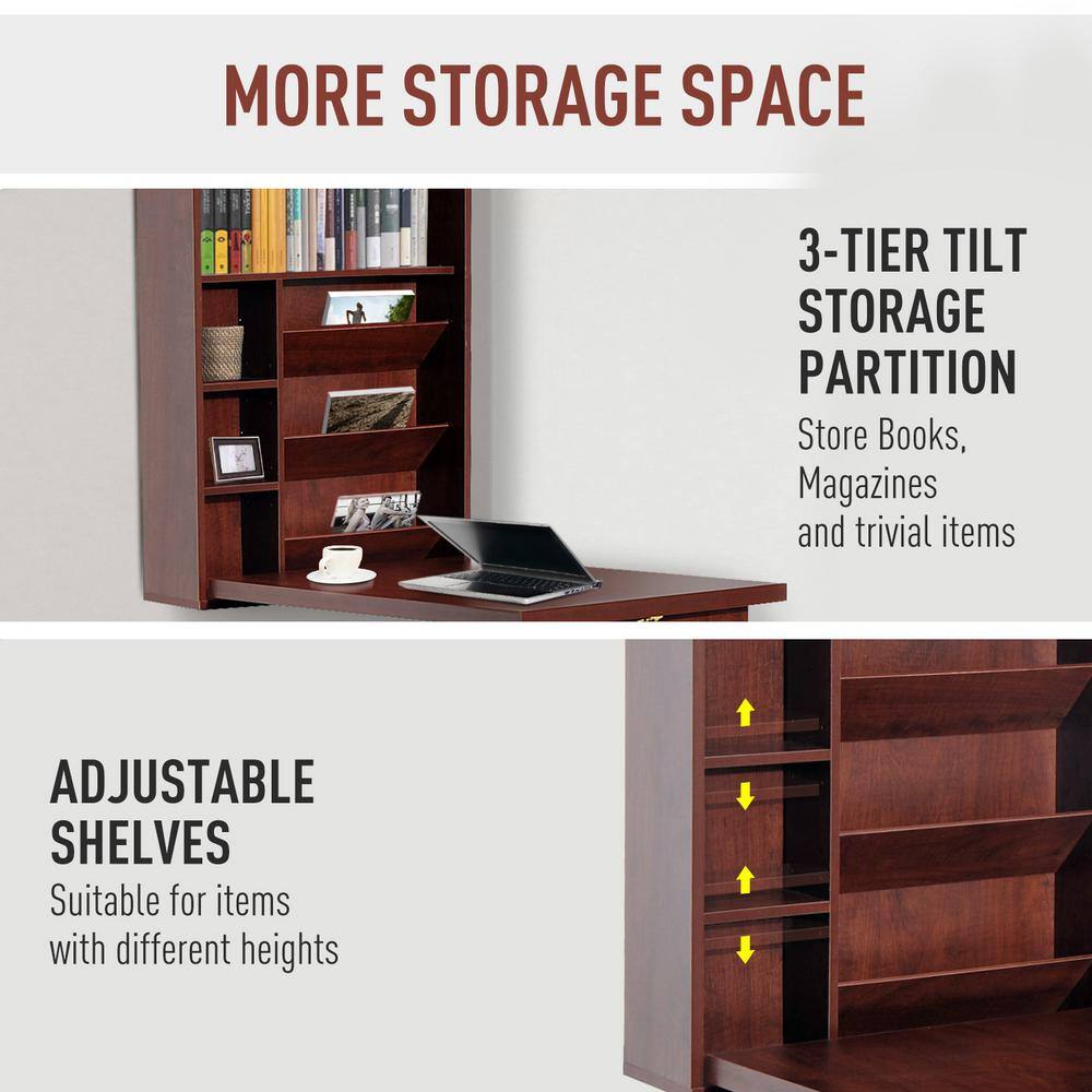 Brown Fold-Out Wall Mounted Desk with Adjustable Shelves
