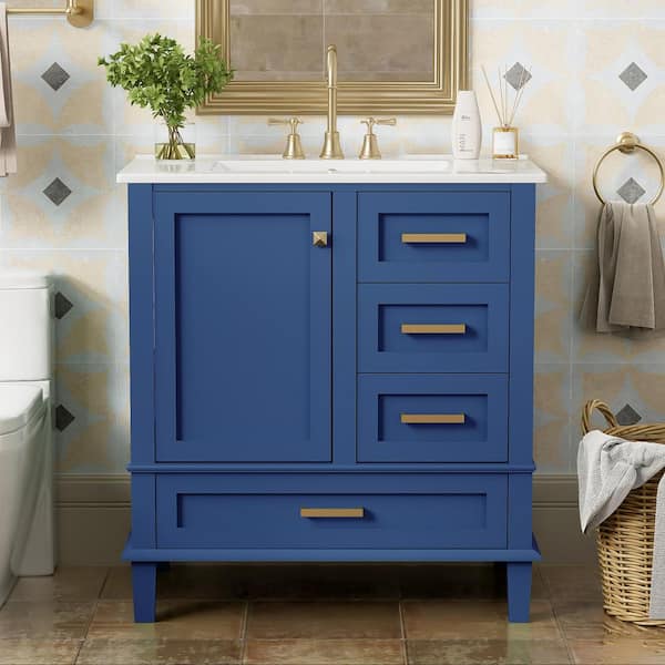 Polibi 30 in. W x 18 in. D x 34 in. H Bath Vanity in Blue with Soft Closing Door, Solid Wood Frame and 3-Drawers