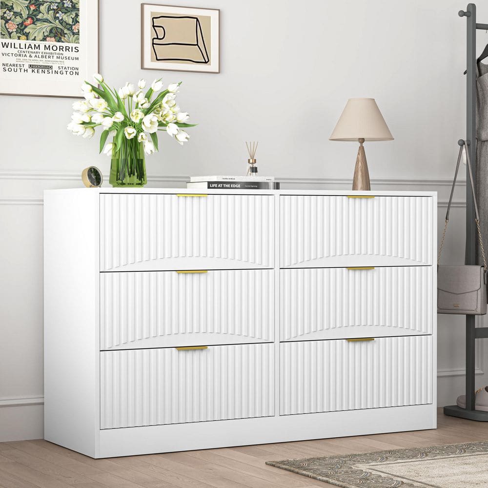 Zajac White Wood 6-drawer 47.2 in. W Chest of Drawers, Large Storage Cabinet