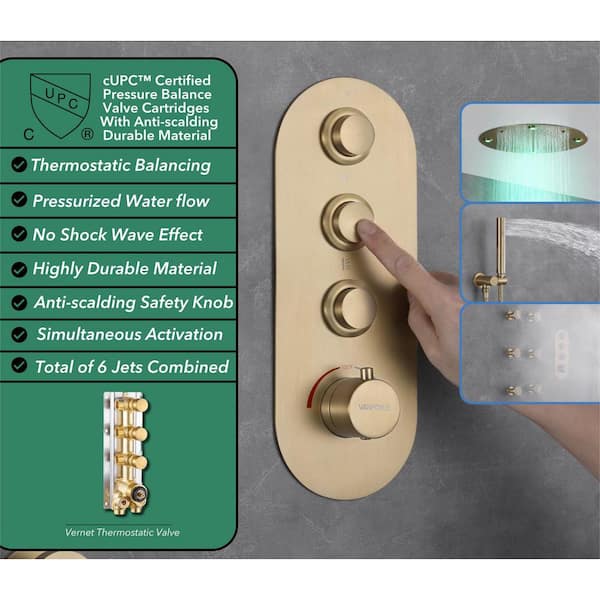 Luxury 5-Spray Thermostatic Shower Head 16 in. Round Ceiling Fixed and Handheld Shower Head and 6-Jet in Brushed Gold