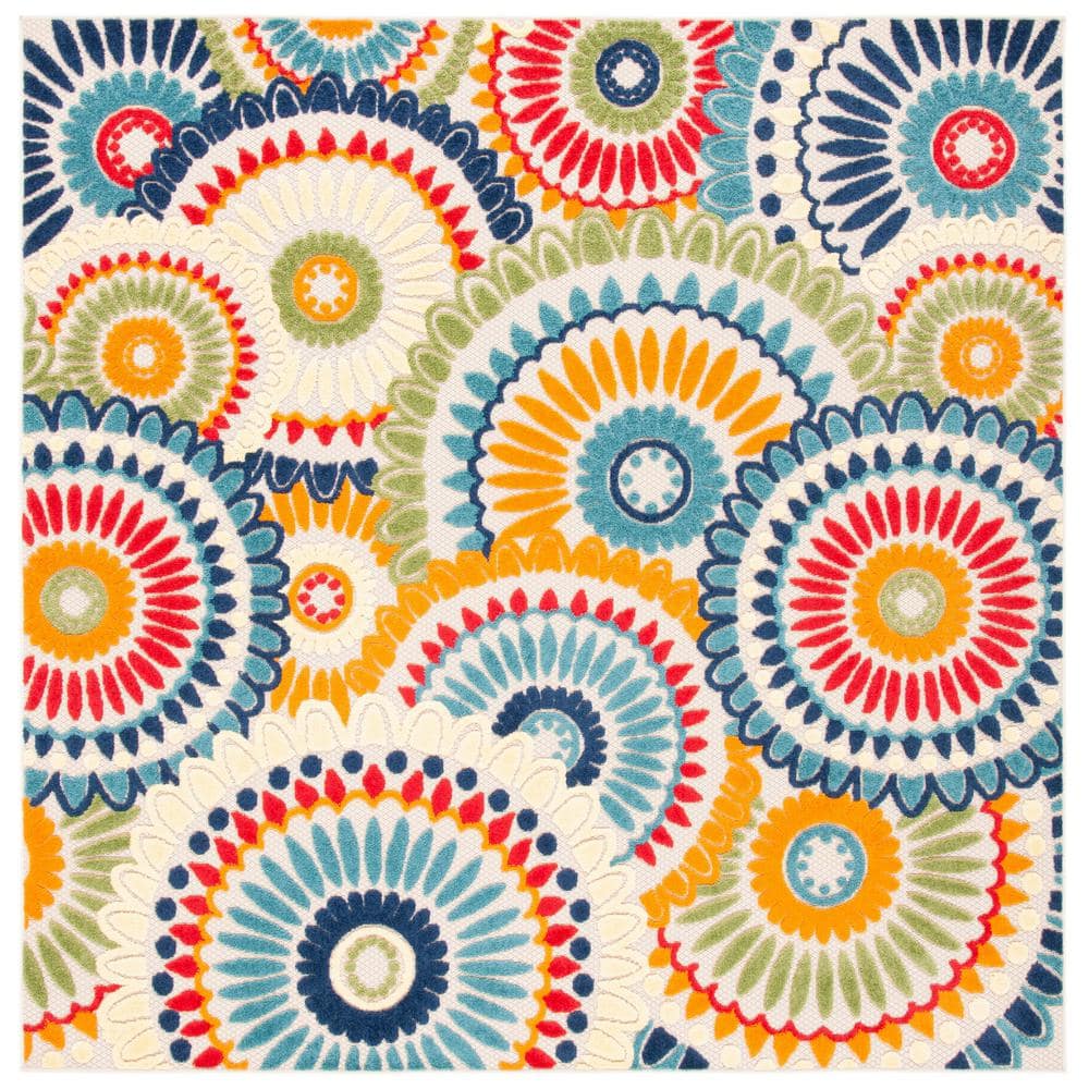 Cabana Blue/Ivory 7 ft. x 7 ft. Contemporary Medallion Floral Indoor/Outdoor Patio Square Area Rug price history on PriceWatchPro