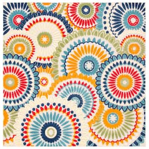 Cabana Blue/Ivory 7 ft. x 7 ft. Contemporary Medallion Floral Indoor/Outdoor Patio Square Area Rug