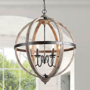 6-Light Black Globe Cage Candlestick Island Chandelier with Distressed Wood Frame