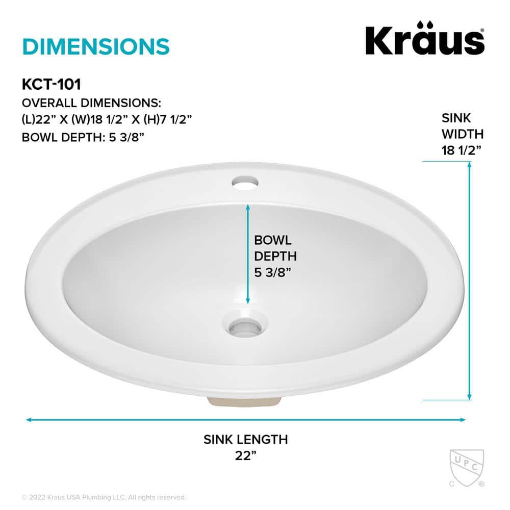 Elavo 22" White Ceramic Oval Drop-In Bathroom Sink