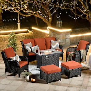 Moonset Brown 6-Piece Wicker Outdoor Patio Rectangular Fire Pit Seating Sofa Set and with Orange Red Cushions