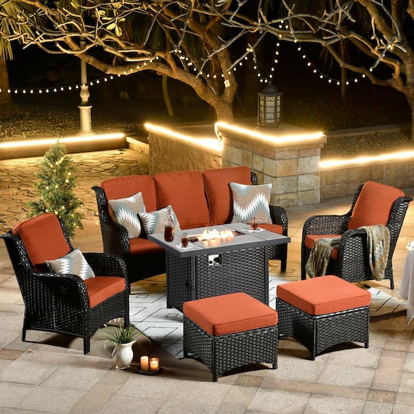 XIZZI Moonset Brown 6-Piece Wicker Outdoor Patio Rectangular Fire Pit Seating Sofa Set and with Orange Red Cushions