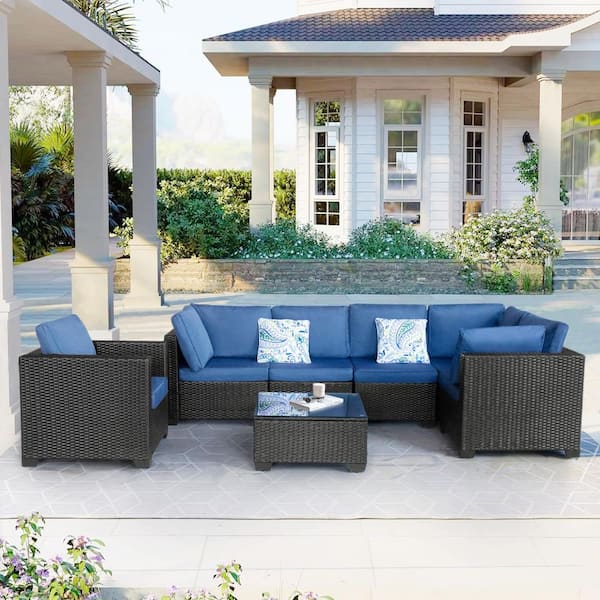 Unbranded 7 Pieces Wicker Outdoor Sectional Set Patio Furniture Sets Conversation Sets with Dark Blue Cushions