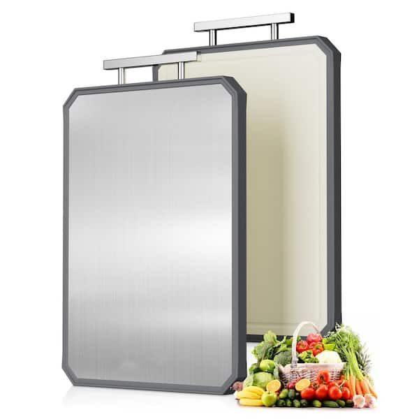 16 in. x 11 in. Rectangular Stainless Steel and Wheat Straw PP Double-Sided Cutting Board with Juice Groove and Handle