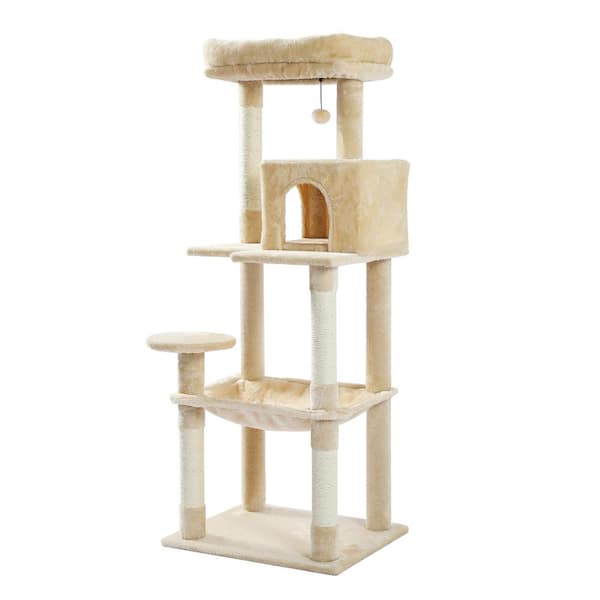 56.3 in. Beige Plush Sisal Scratcher with 2 Door Condo House Cat Tree