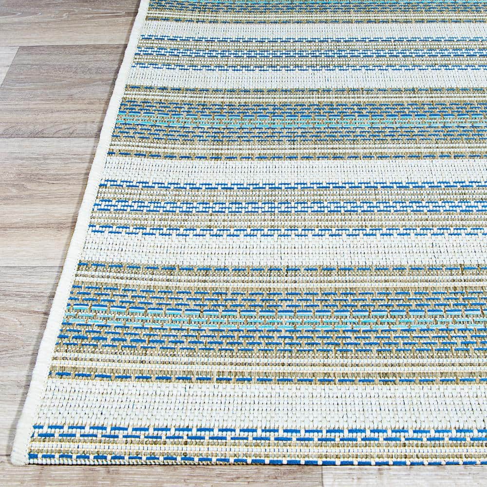 Monaco Ivory-Sand-Azure 5' x 7' Stripe Indoor/Outdoor Area Rug