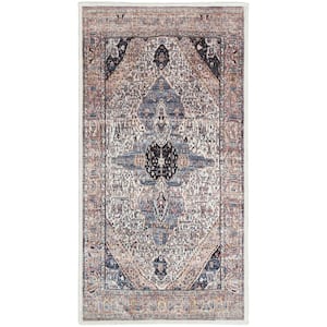 Grand Washables Ivory Blue 2 ft. x 4 ft. Center medallion Traditional Area Rug