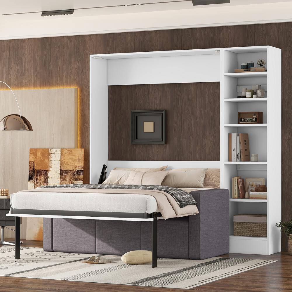 Nestfair White Wood Frame Full Murphy Bed with Sofa and Shelves ...