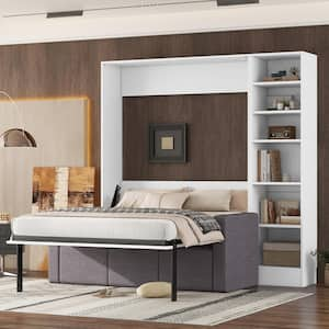 White Wood Frame Full Murphy Bed with Sofa and Shelves