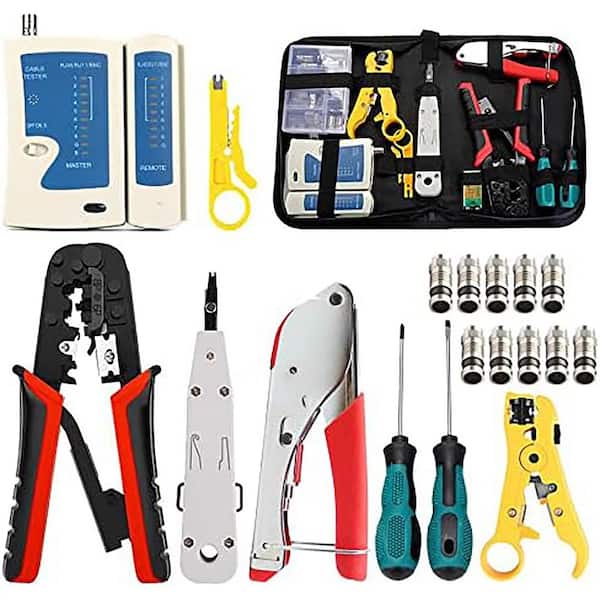 9-Piece Professional Network Tool Kit with Coaxial Crimper Cable Stripper Punch Down Tool in Zipper Case