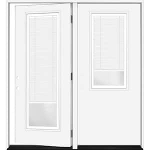 Legacy 60 in. x 80 in. RHIS 2/3 Clear Glass Micro-Blind White Primed Center-Hinged Fiberglass Double Prehung Patio Door