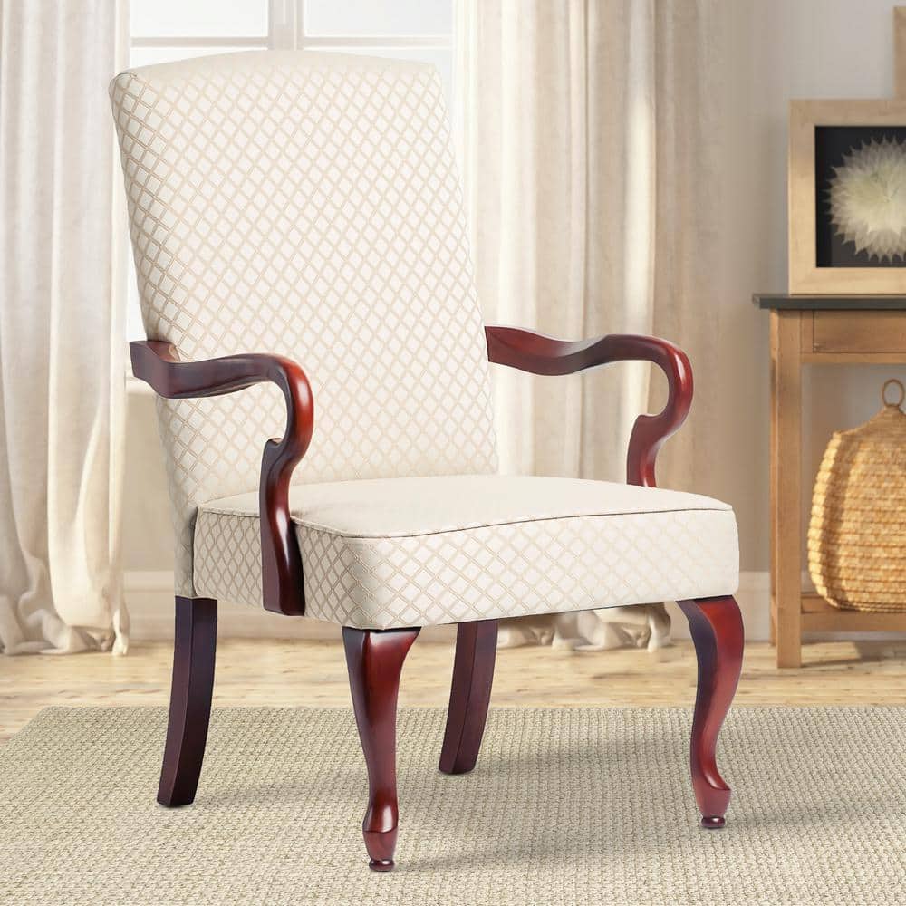 Derby Traditional High-Back Beige Jacquard Wood Accent Chair