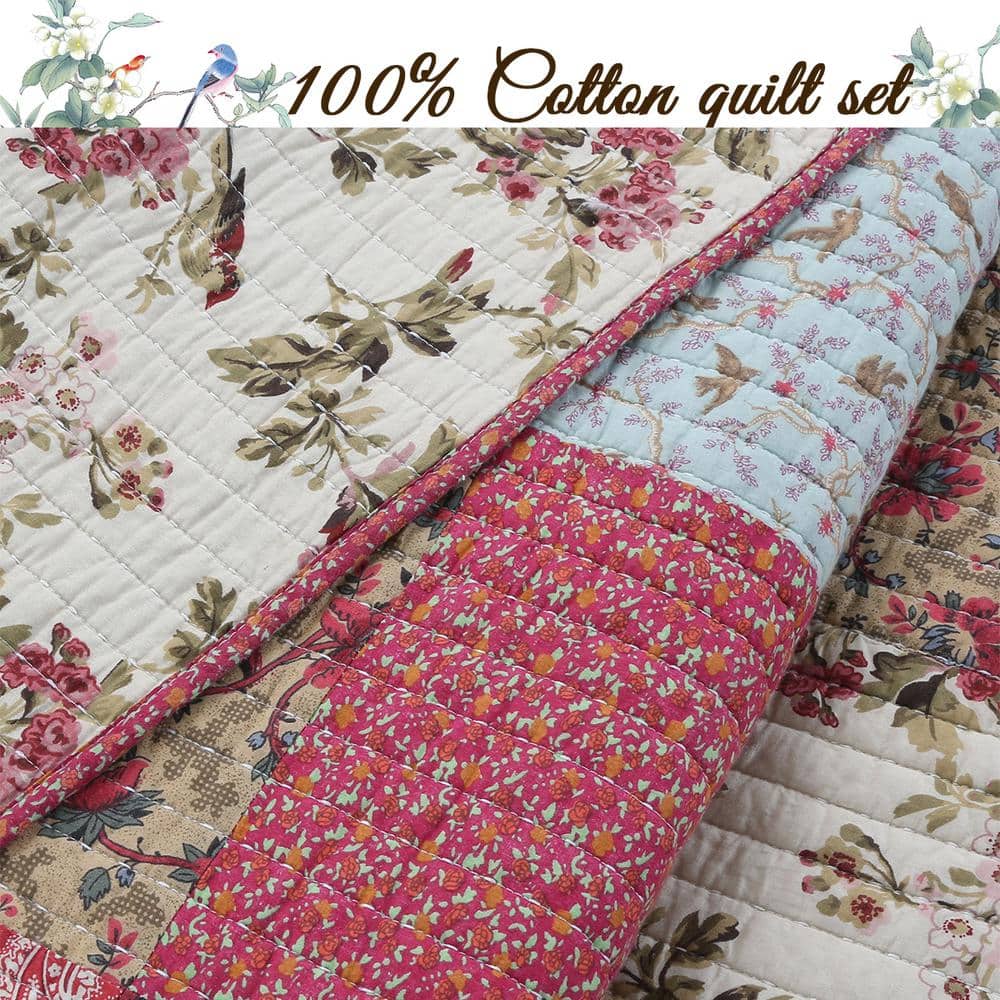 Queen Blue and Red Cotton Reversible Patchwork Quilt Set