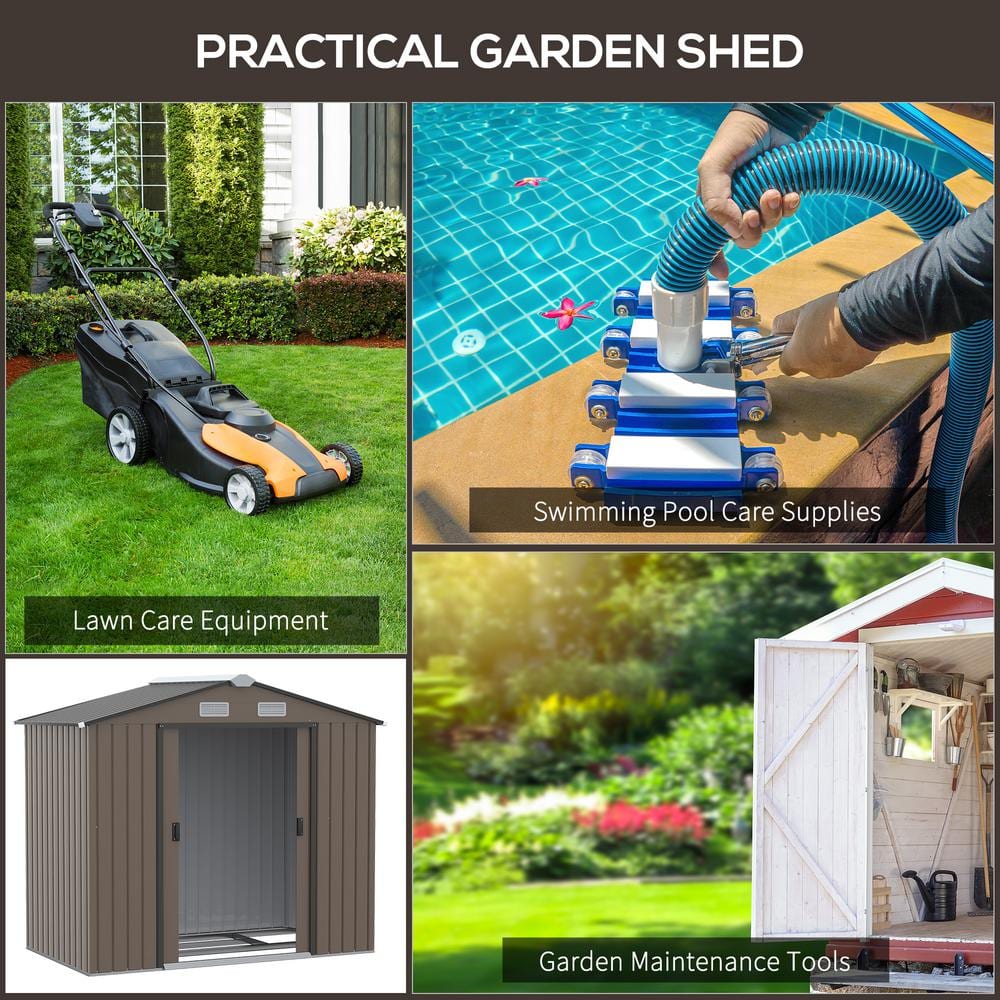 Brown Metal Outdoor Storage Shed with Windows and Sliding Doors