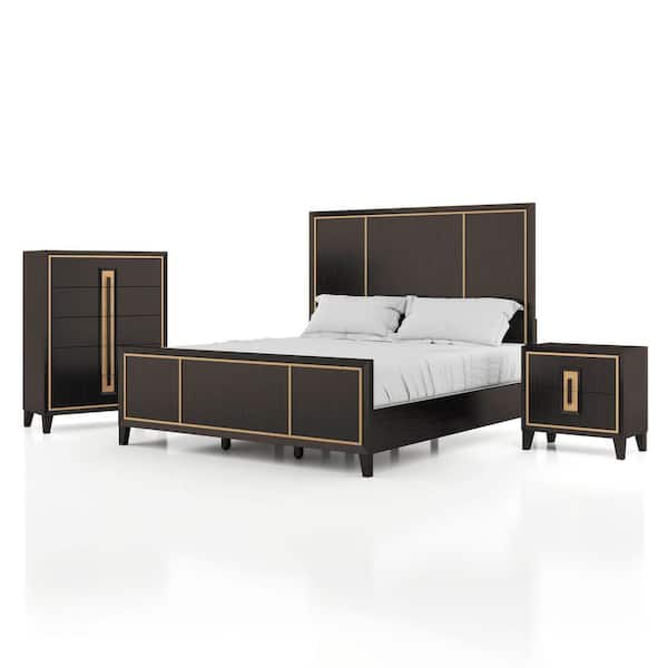 Demi 3-Piece Modern Espresso Wood Queen Panel Bedroom Set with Nightstand and Chest