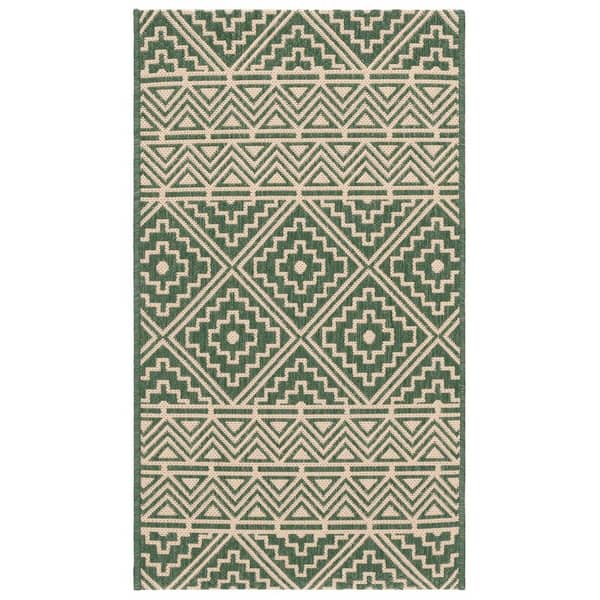 Courtyard Dark Green/Beige 2 ft. x 4 ft. Geometric Chevron Ikat Indoor/Outdoor Area Rug