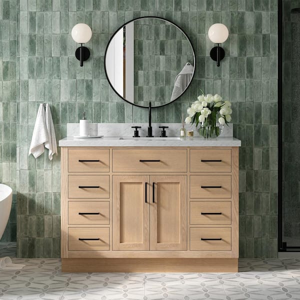 Hepburn 49 in. W x 22 in. D x 36 in. H Single Sink Bath Vanity in Oak with Italian Carrara Marble Top