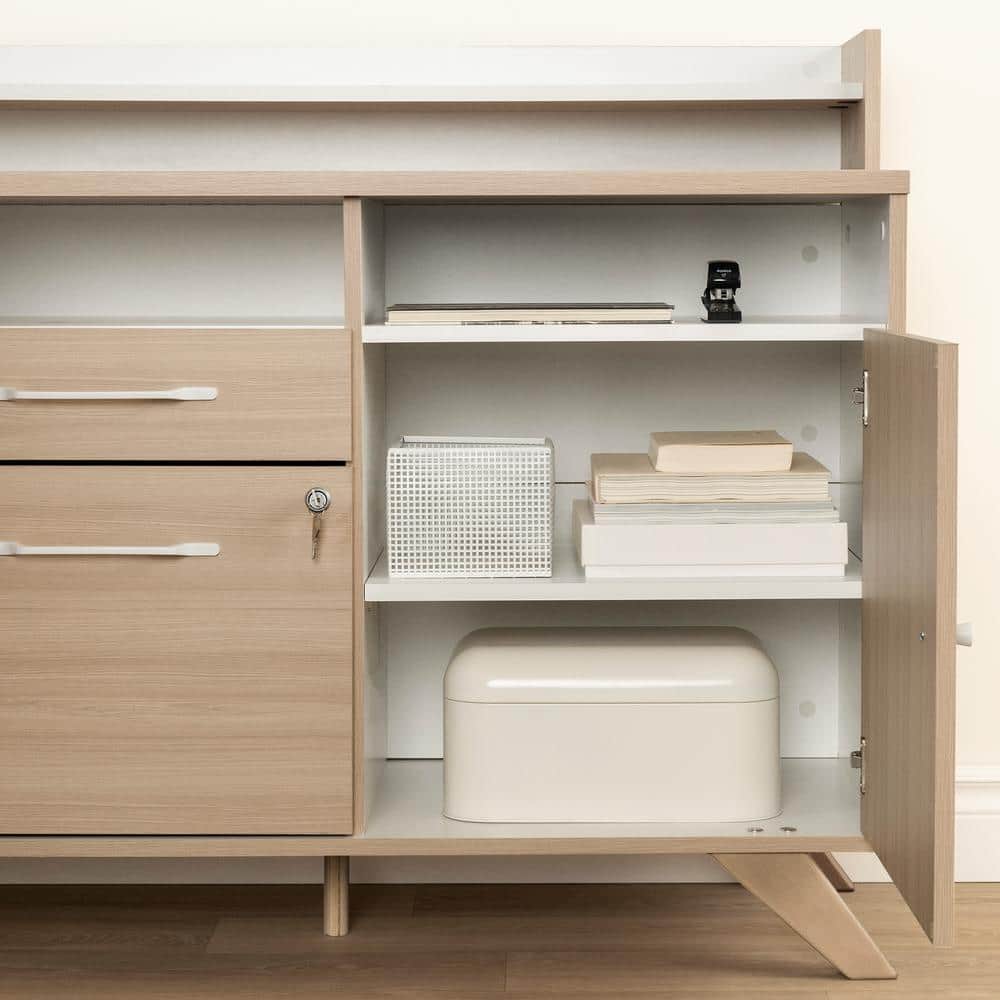 Soft Elm and White Executive Corner Desk with Hutch and Power Outlets
