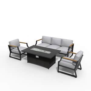 Molly Black 4-Piece Wicker Patio Fire Pit Conversation Set with Gray Cushions