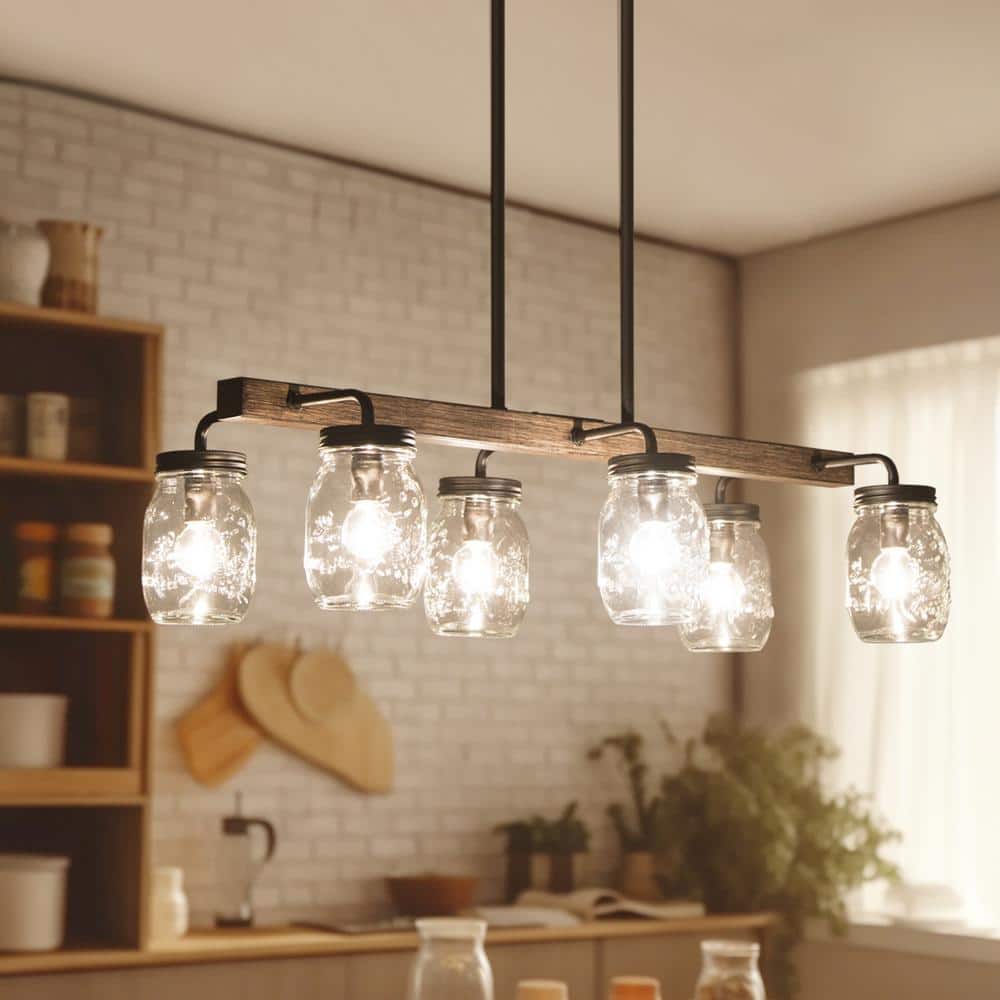 Modern Farmhouse 6-Light Oil Rubbed Bronze Island Chandelier with Clear Mason Jar Glass Shade and Faux Wood Accent price history on PriceWatchPro
