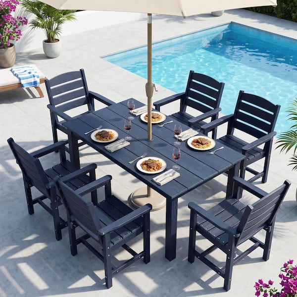 7-Piece Poly Lumber Aluminum Frame Outdoor Dining Set, 6 ft. Table with Umbrella Hole and 6-Ladder Back Chairs,Navy Blue