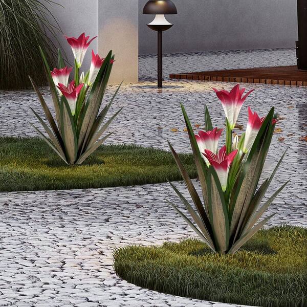 OGETFUUR 3-Pack Metal Outdoor Garden Red Agave Lily Decorative