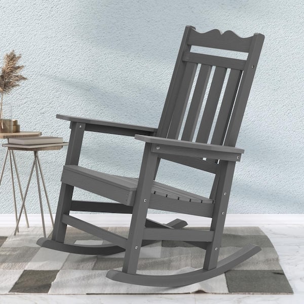 Sonkuki Charcoal Gray Plastic Adirondack Rocking Chair with Big Armrest Weather Resistant, Fire Pit Outdoor Rocking Chair
