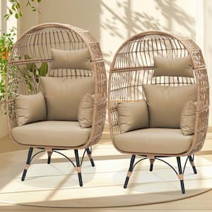 Patio Beige Stationary Wicker Ourdoor Indoor Lounge Egg Chair with Brown Cushions 440 lbs. Capacity (2-Chairs)