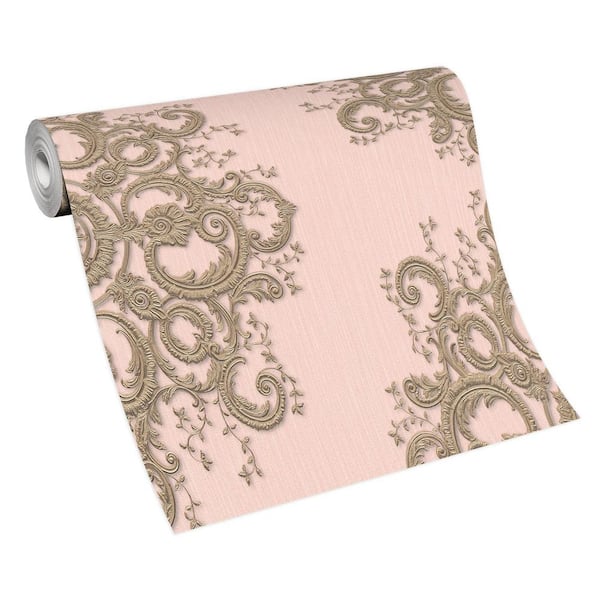 Elle Decor ELLE Decoration Collection Vinly (Covers on Pink/Gold Blush sq.ft) Non-Pasted The Wallpaper Baroque Non-Woven 57 Damask Home - 10154-05 Roll Depot