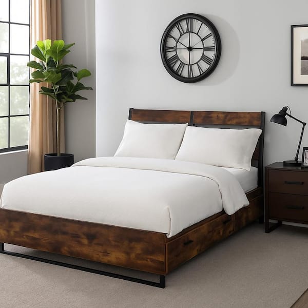 Benjara Brown and Black Wood Frame King Platform Bed with 6-Drawers and Metal Slats