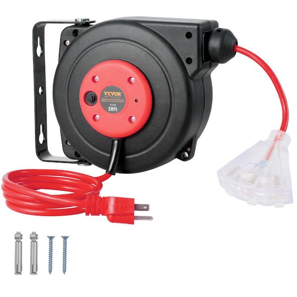 VEVOR 30 ft. 16/3 10 Amp Retractable Extension Cord Reel Heavy Duty SJTOW Power Cord Reel with 3- Outlet Lighted Triple Tap