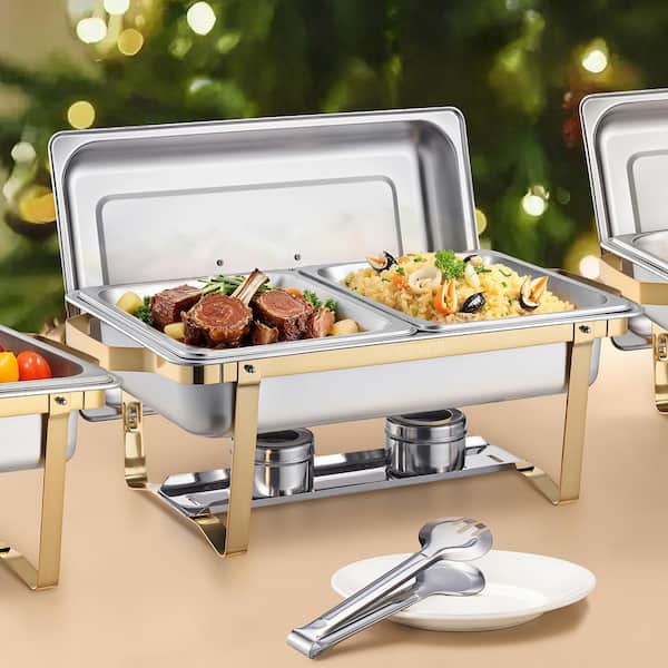 Chafing Dish Buffet Set, 8 Qt. 4 Pack, Stainless Steel Chafer with 2 Full Size and 4 Half Size Pans, Rectangle, Gold