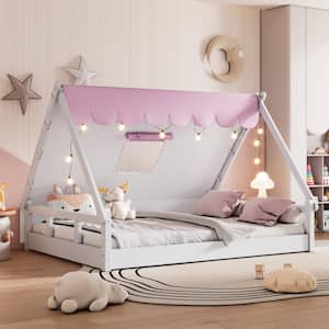 Tent Style White and Pink Wood Frame Full Size Floor Bed, Platform Bed with Linen Tent Cloth, Fence and Roof
