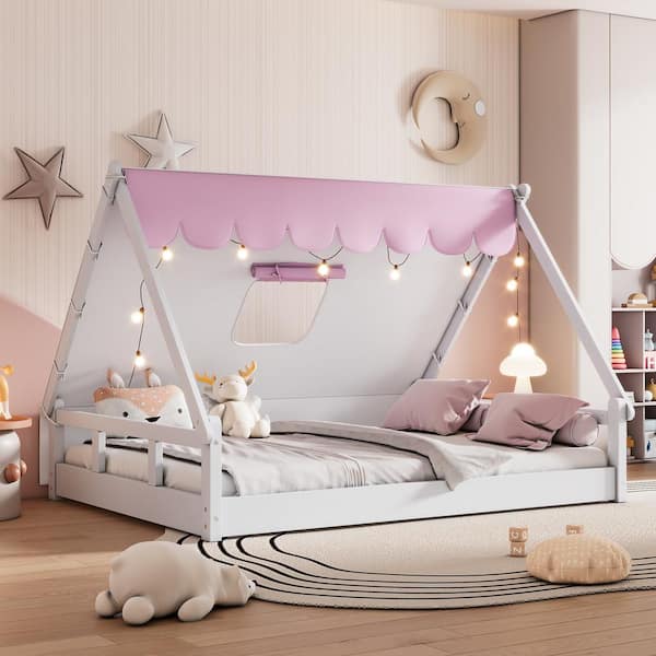 Harper & Bright Designs Tent Style White and Pink Wood Frame Full Size Floor Bed, Platform Bed with Linen Tent Cloth, Fence and Roof