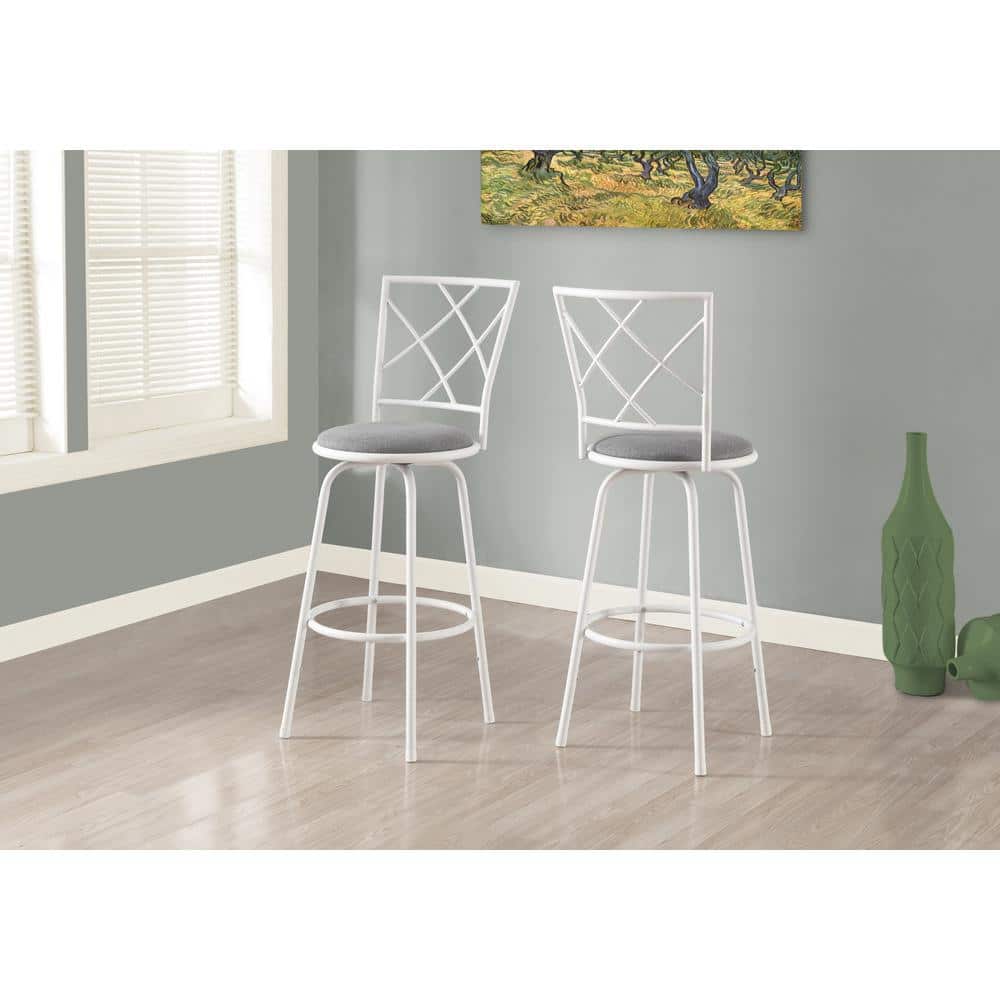 White and Gray Metal Swivel Bar Stools with Criss-Cross Back, Set of 2