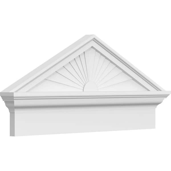 Ekena Millwork 30 in. W x 14-3/8 in. H x 2-3/4 in. P Pitch 6/12 Peaked Cap Sunburst Signature Urethane Combination Pediment, Primed Tan