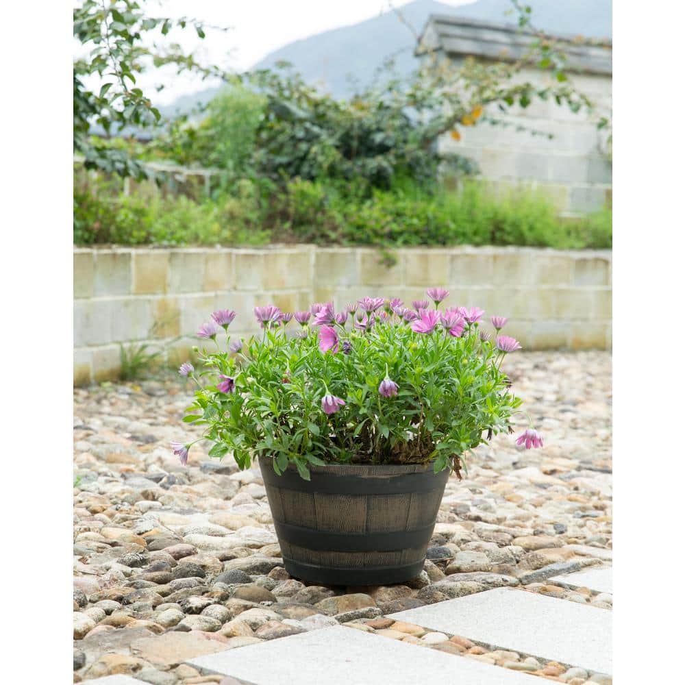 Gardenised Rustic Wood- Look Plastic Half Barrel Flower Pot Bucket Planter, Pack of 4