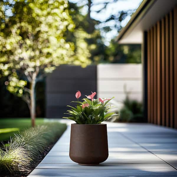 12 in. Large Earthy Brown Concrete Round Planter / Pot with Drainage Holes